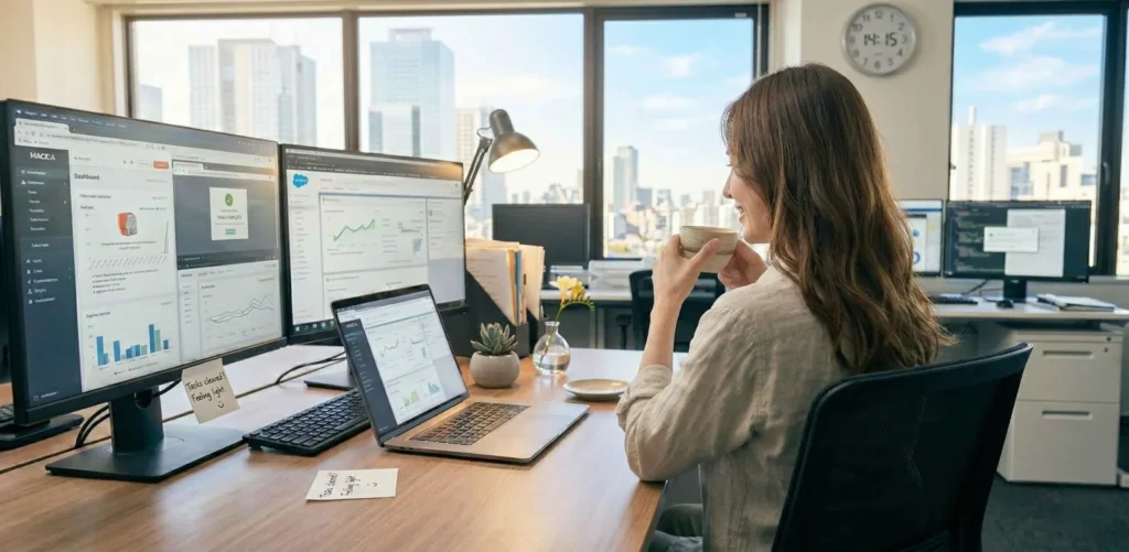 オフィスでデータ分析画面を見る女性