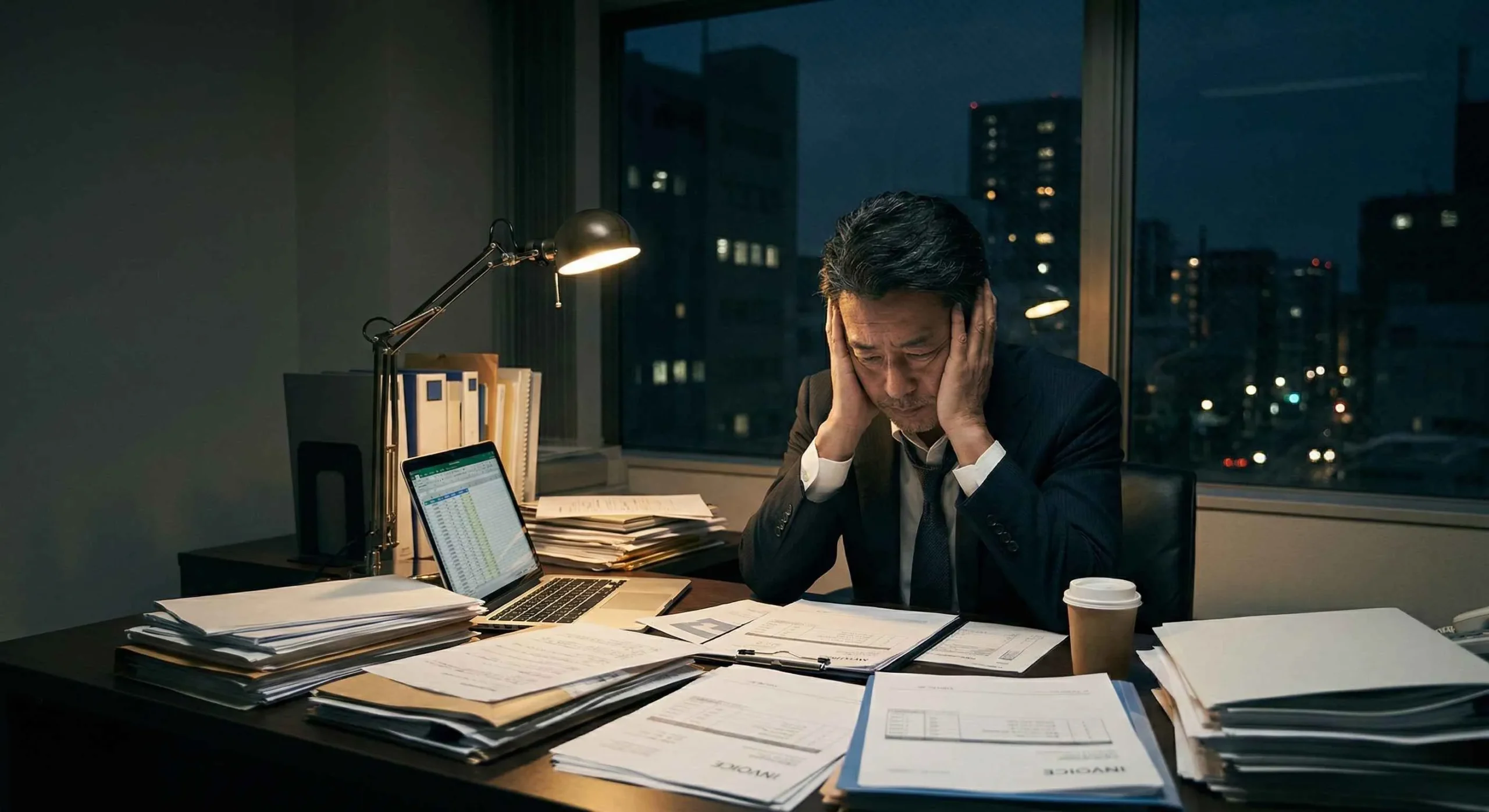 残業で頭を抱える男性