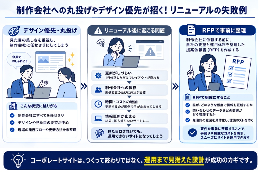 制作会社への丸投げやデザイン優先が招くリニューアルの失敗例